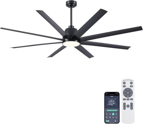 72" Black Ceiling Fan with Lights and Remote Control - Large Industrial Ceiling Fan with 8 ABS Blades, Dimming, DC Motor Reversible, Indoor/Outdoor Modern Ceiling Fan for Living Room, Black