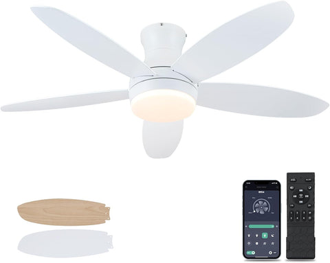 48 Inch Ceiling Fan with Light, White Flush Mount Ceiling Fan with Remote and APP Control, Dimmable and 6 Wind Speed, Modern Low Profile Fan Light for Bedroom, Covered Outdoor