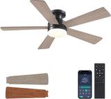 Flush Mount Ceiling Fan with Lights - 46IN Modern Indoor/Outdoor Ceiling Fan Light with Remote/APP, Low Profile Fan Light with 6 Speeds, Dimming, for Bedroom, Living Room, Brown