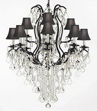 A500-Sc/B12/3034/8+4Sw Wrought Iron Crystal Chandelier Lighting H40" X W28" With Shades Trimmed With Spectra (Tm) Crystal - Reliable Crystal Quality By Swarovski - A500-Sc/Blackshade/B12/3034/8+4Sw
