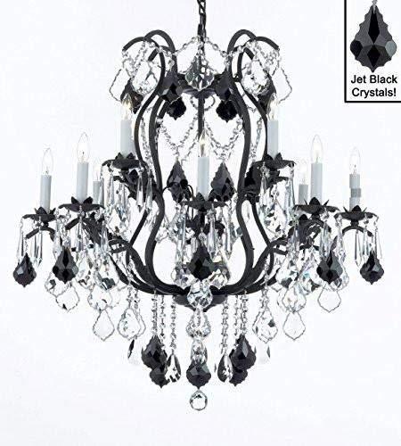 Wrought Iron Crystal Chandelier Lighting Chandeliers H36" x W36" Dressed with Jet Black Crystals! - A500-B20/3034/10+5