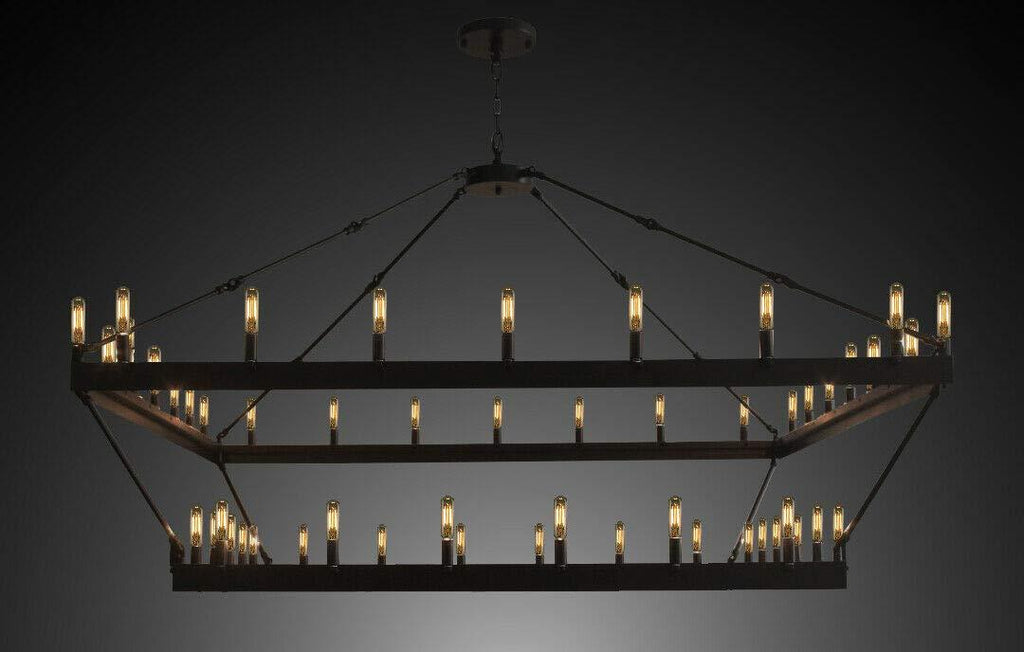 Wrought Iron Vintage Barn Metal Castile Two Tier Square Chandelier Chandeliers Industrial Loft Rustic Lighting W 63" H 60" - A500-3428/52
