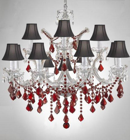 Chandelier Crystal Lighting H30" X W28" W/ Ruby Red Crystal & Black Shades - A500-B2/Sc/Silver/21532/12+1