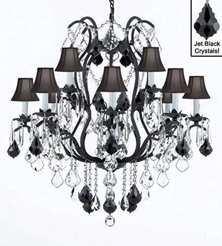 Wrought Iron Crystal Chandelier Lighting Chandeliers H36" W36" with Black Shades! - A500-SC/BLACKSHADE/B20/3034/10+5