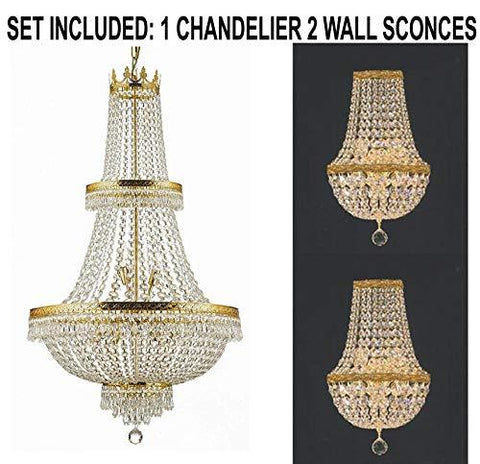 Set of 3-1 French Empire Crystal Chandelier Lighting H50" X W24" - Great for The Dining Room, Living Room! and 2 Empire Crystal Wall Sconce Lighting H 18" X W 9.5" X D 5" - A500-1EA CG/870/15 + 2EA WALLSCONCE/CG/4/5