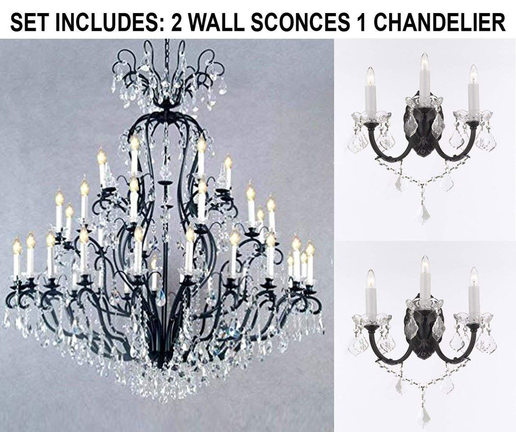 Set of 3-2 Wrought Iron Wall Sconce Crystal Lighting W 11.5" H 14" D 17" and 1 Wrought Iron Crystal Chandelier Lighting H72 x W60 - Perfect for an Entryway Or Foyer! - 2EA A500-3/556 + 1EA A500-556/41