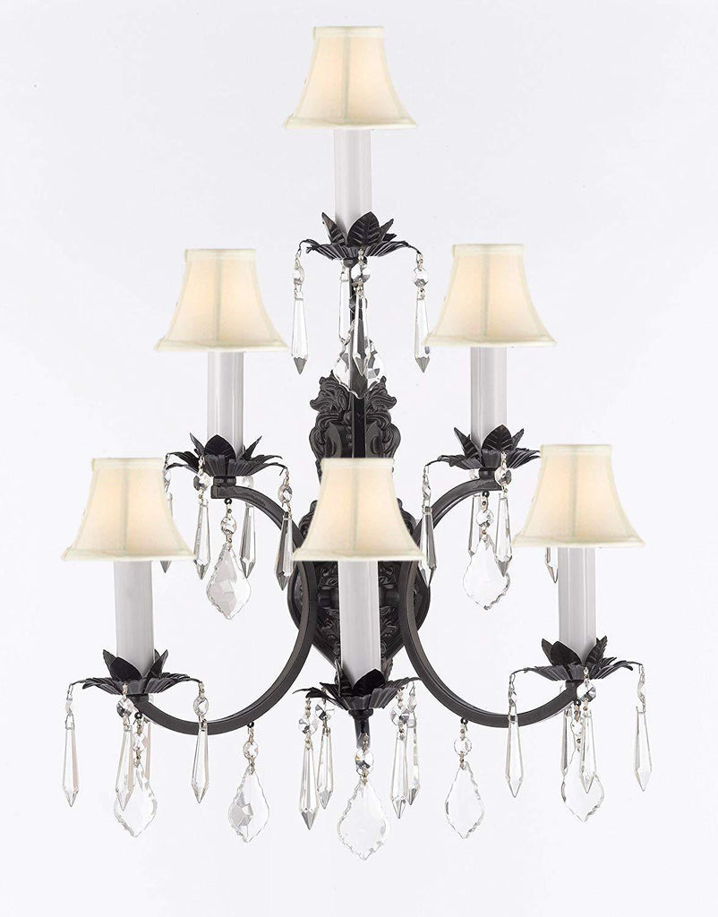 Wrought Iron Wall Sconce Crystal Lighting 3 Tier Wall Sconces W16 x H24 w/White Shades - A500-WHITESHADES/6/3034