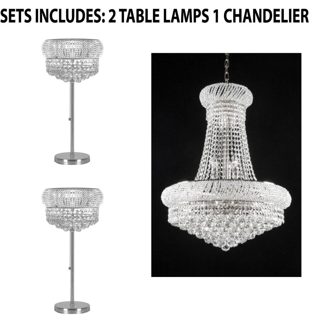 Set of 3 - 2 Crystal Halo Modern / Contemporary Floating Orb Table Lamp Lighting With Crystal Balls - H 28" W15" and 1 French Empire Crystal Chandelier Chandeliers H32" X W24" - Good for Dining Room! - 2EA TL/541/3 + 1EA SILVER/542/15 A500-