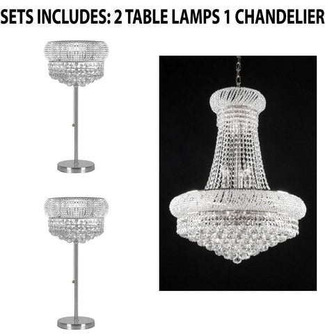 Set of 3 - 2 Crystal Halo Modern / Contemporary Floating Orb Table Lamp Lighting With Crystal Balls - H 28" W15" and 1 French Empire Crystal Chandelier Chandeliers H32" X W24" - Good for Dining Room! - 2EA TL/541/3 + 1EA SILVER/542/15 A500-