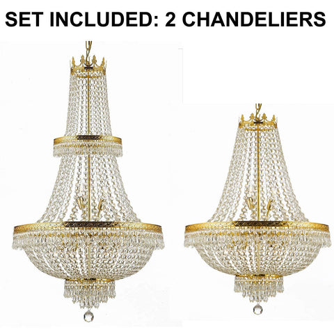 Set of 2-1 French Empire Crystal Chandelier Lighting H50" X W24" and 1 French Empire Crystal Gold Chandelier Lighting - Great for The Dining Room, Foyer, Entry Way, Living Room - H30" X W24" - 1EA CG/870/15 + 1EA 870/9 A500-