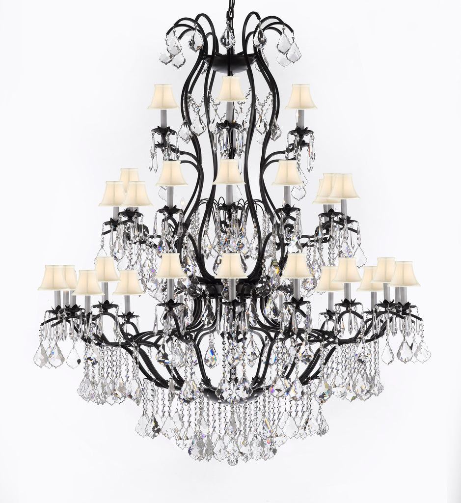 Swarovski Crystal Trimmed Chandelier Large Foyer / Entryway Wrought Iron Chandelier Lighting With Crystal And White Shade H60" X W52" - A500-Sc/Whiteshade/3031/36Sw